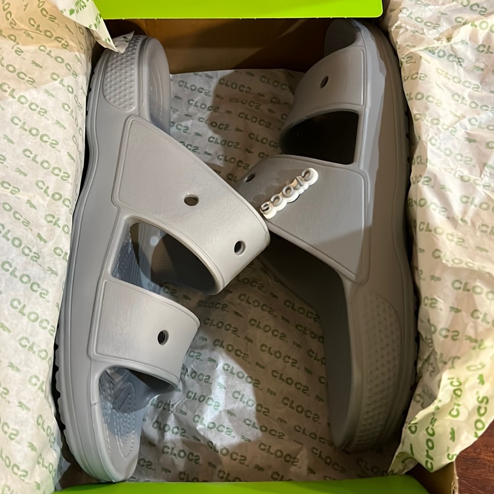 Crocs Unisex Classic Two-Strap Slide Sandals, Grey, Womens 13 Mens 11 EUC